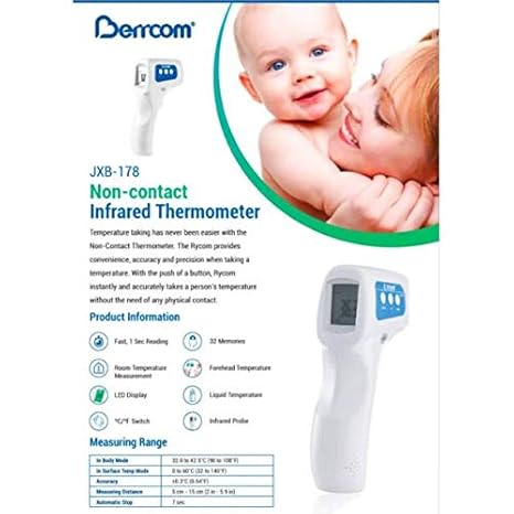 Berrcom Non-Contact Forehead Infrared Thermometer 1 Year Warranty - Digital IR Thermometer Gun with LCD Backlight, Electronic Thermometer Body Thermal Detector